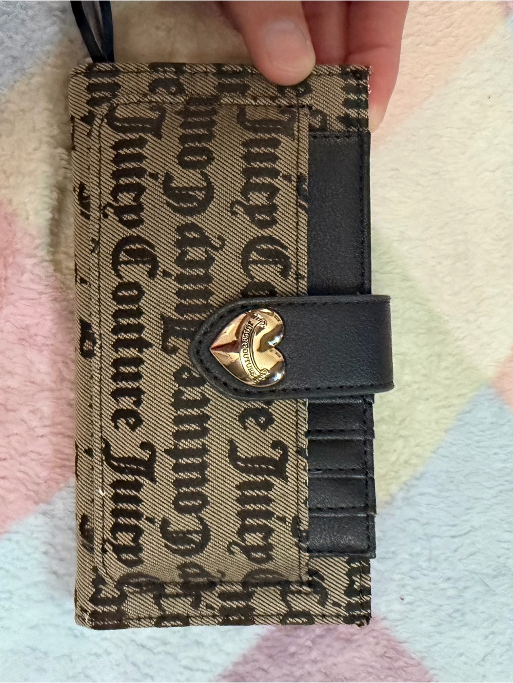 Juicy Couture Tan & Black Logo Card Holder with Gold Heart Charm